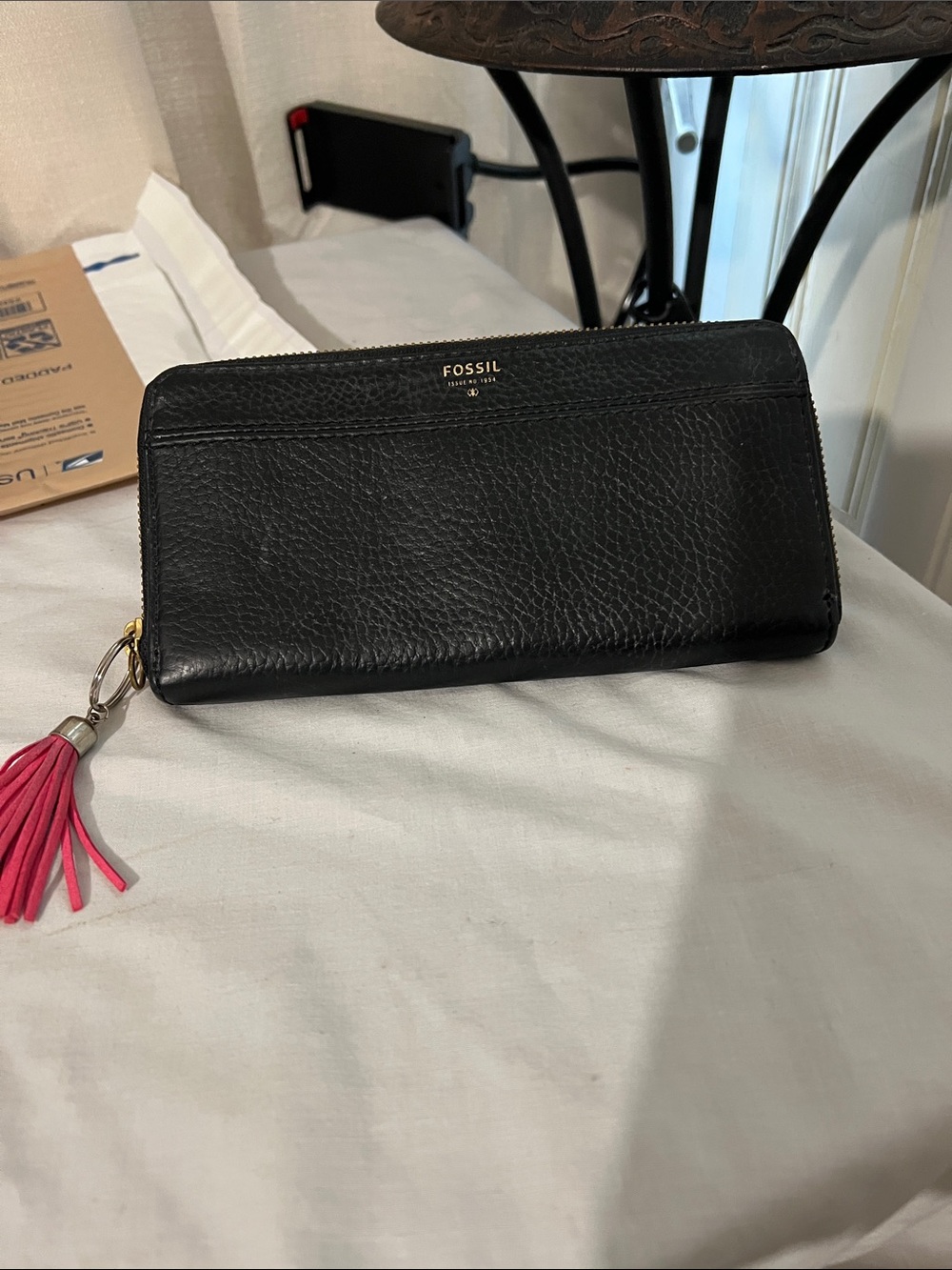 Fossil Black Leather Wristlet Wallet with Pink Tassel Charm